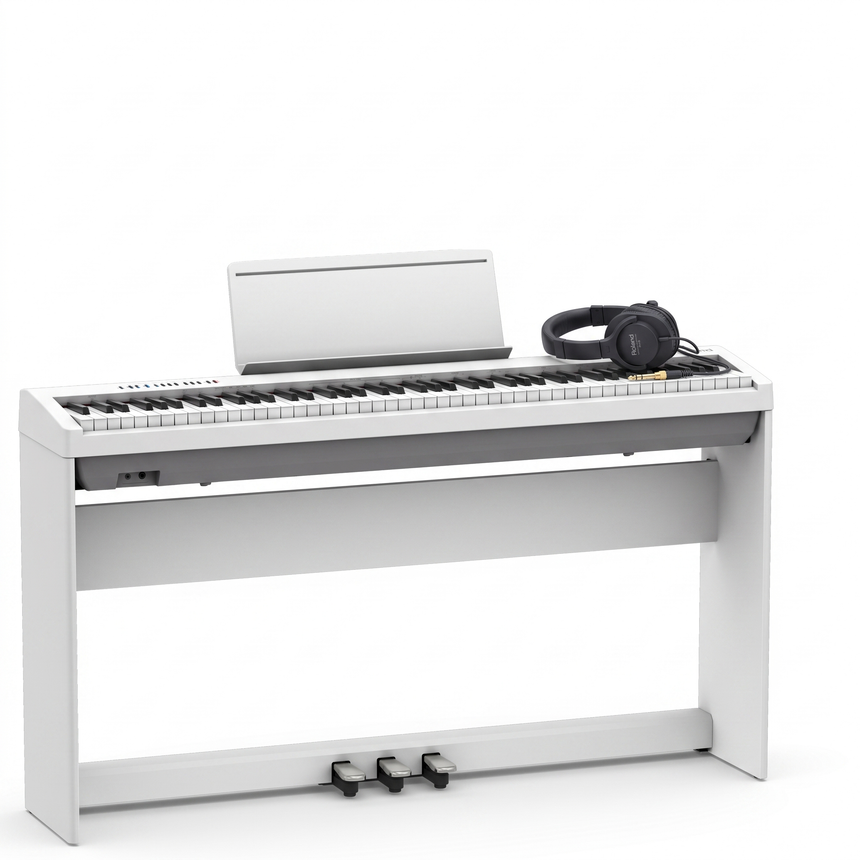Roland FP-30X Weiß Bundle mit Ständer und Pedalleiste, Kopfhörer – bundle-hero