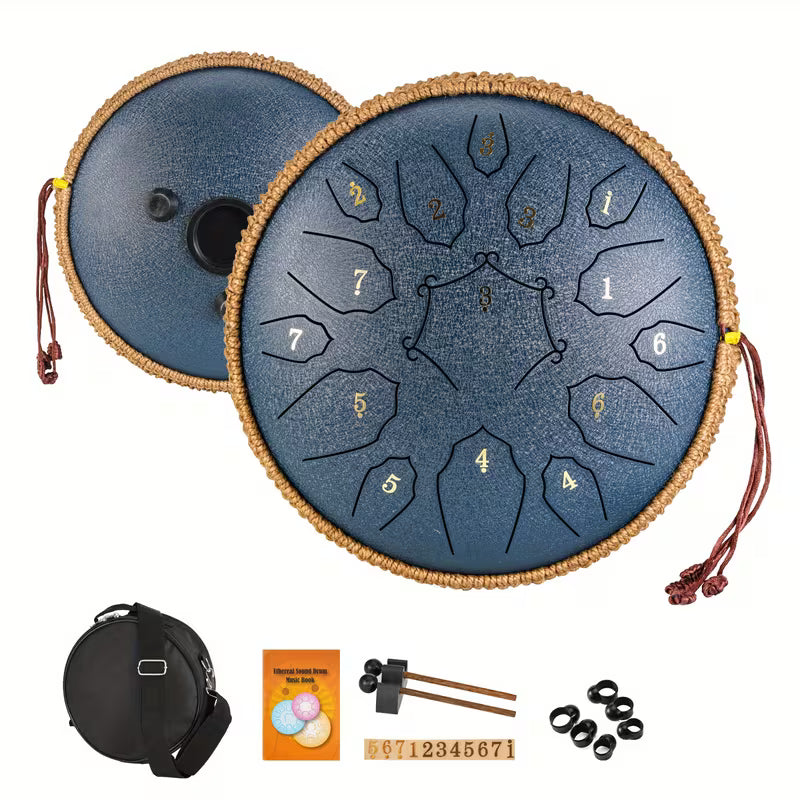 Basic Steel Tongue Drum 12″ – D-Dur, 15 Töne, inkl. Tragetasche & Zubehör
