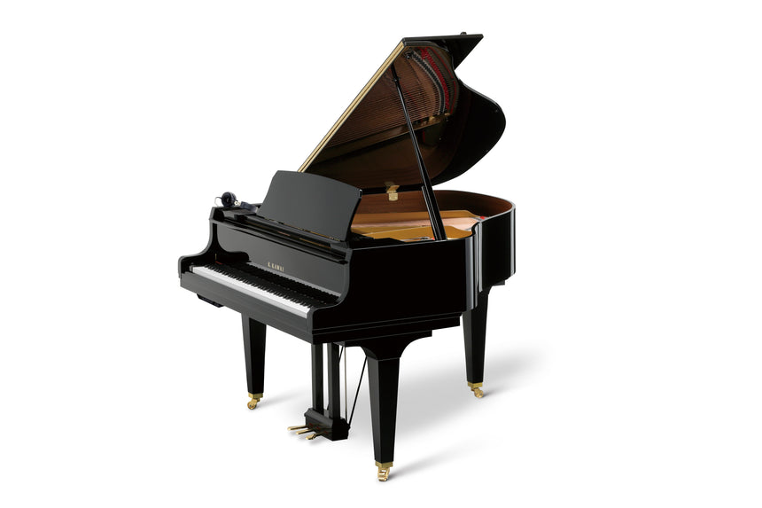 Piano à queue Kawai GL-10 ATX4 noir poli, ferrures en laiton, couvercle ouvert et unité de commande