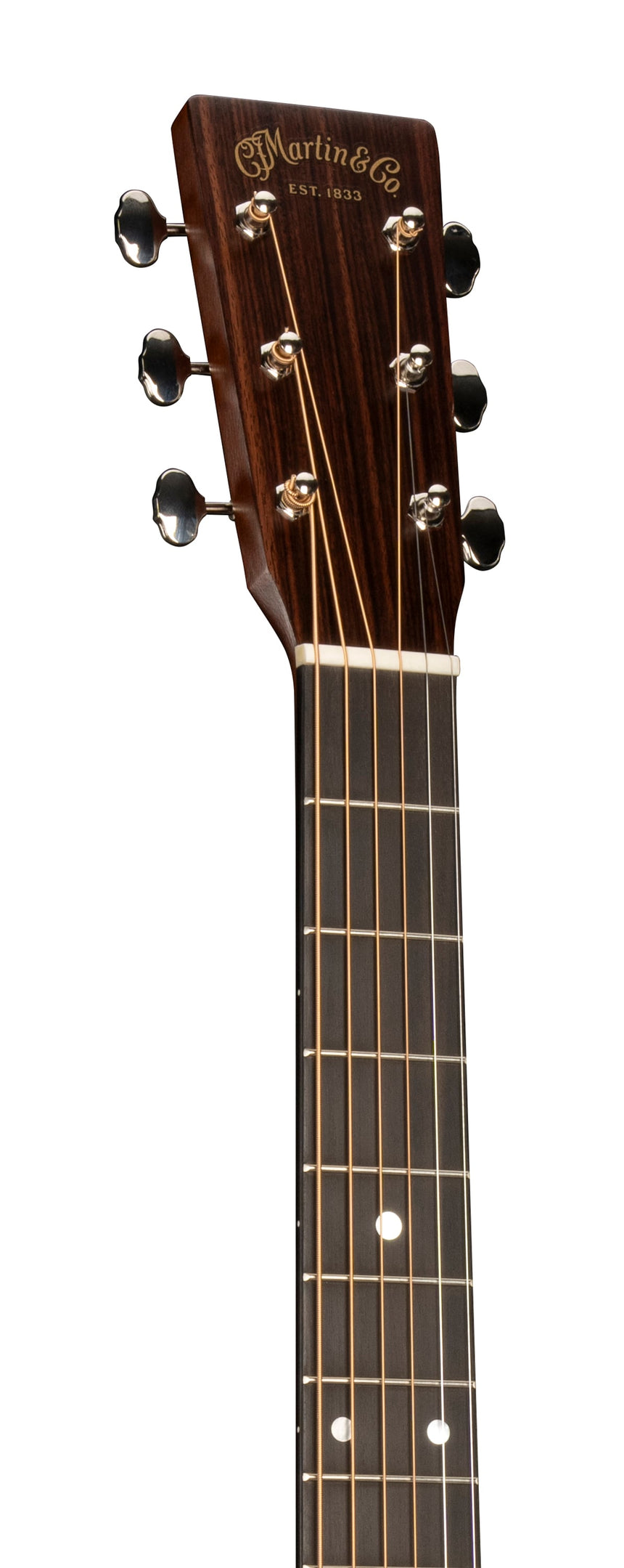 Guitare acoustique Martin D-16E-01, finition naturelle satinée et palissandre – détail de la tête et du manche.