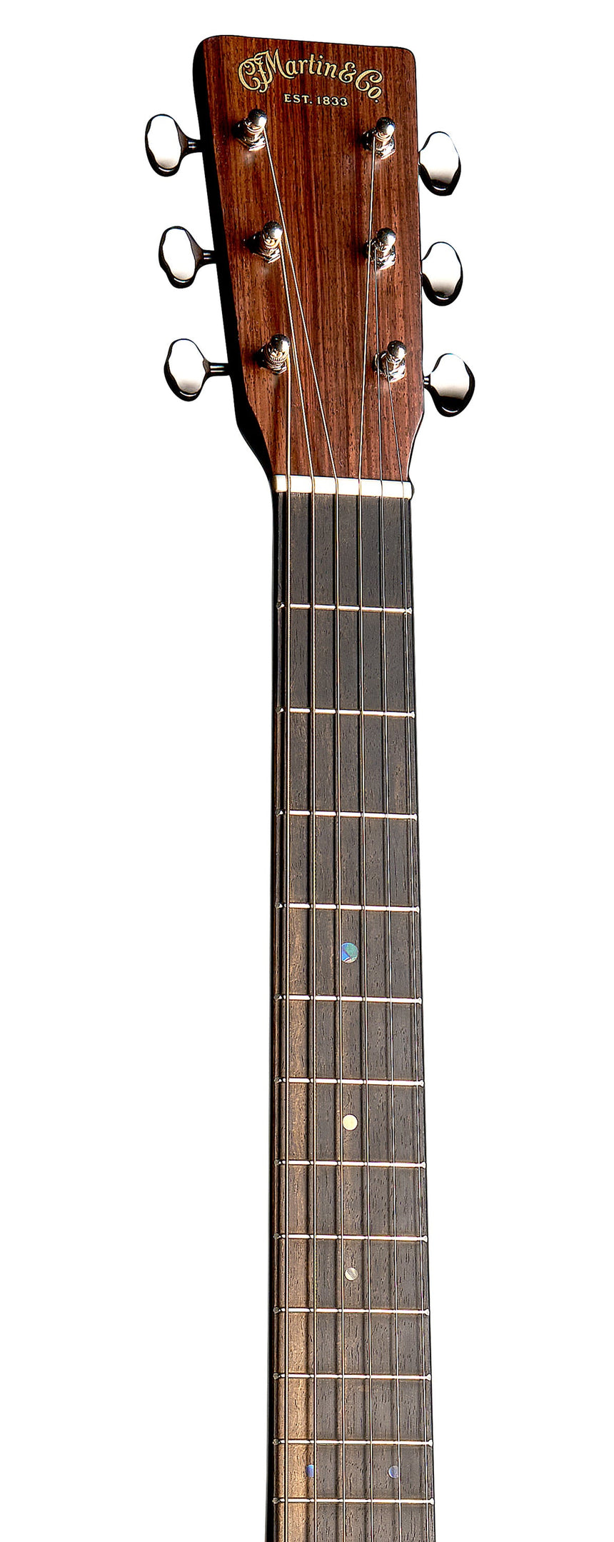 Guitare acoustique Martin DE-RM Retro Mahogany, finition naturelle Aging Toner – détail de la tête et du manche.