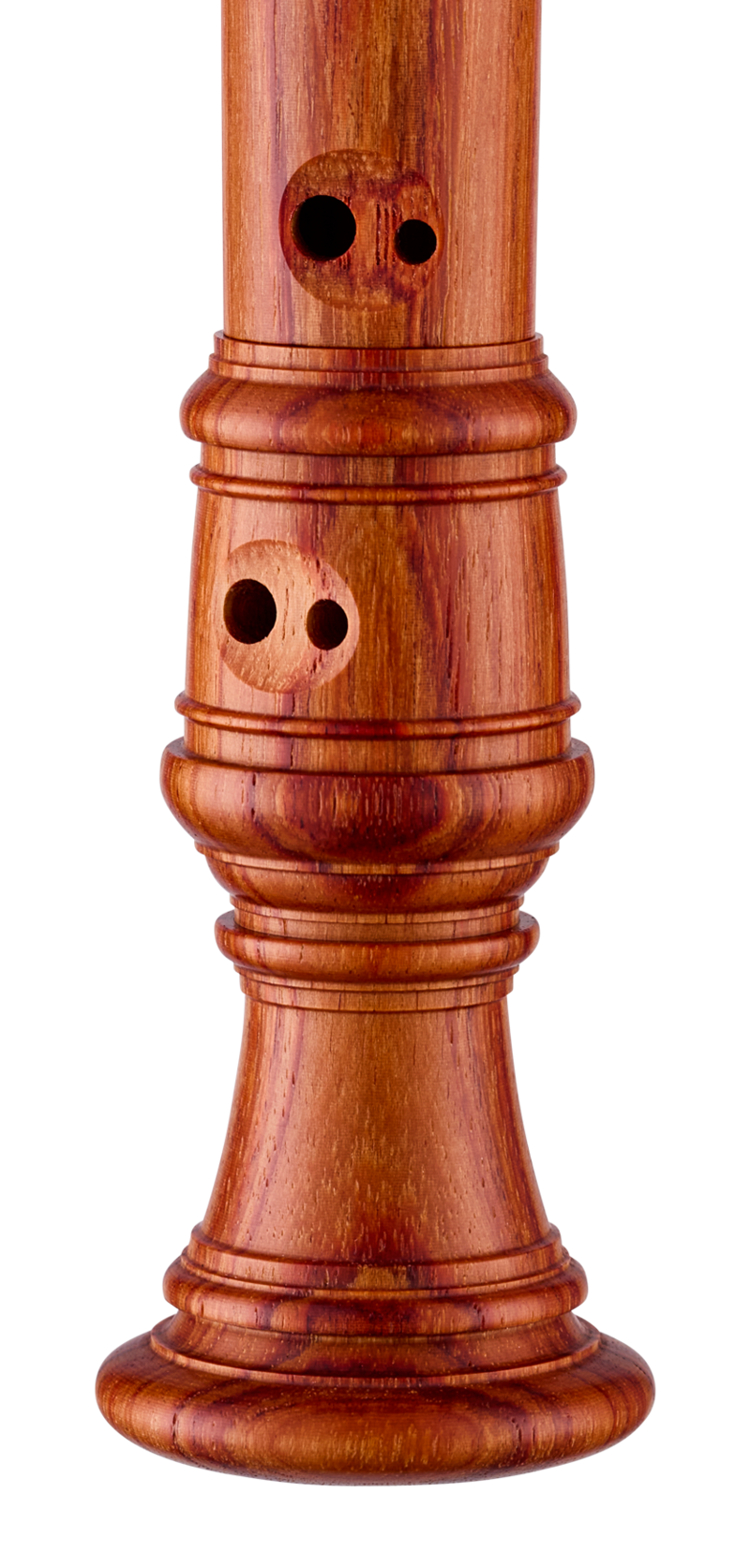 Flûte à bec soprano Moeck Rottenburgh 4208 en bois de rose – détail des doubles trous et du pied