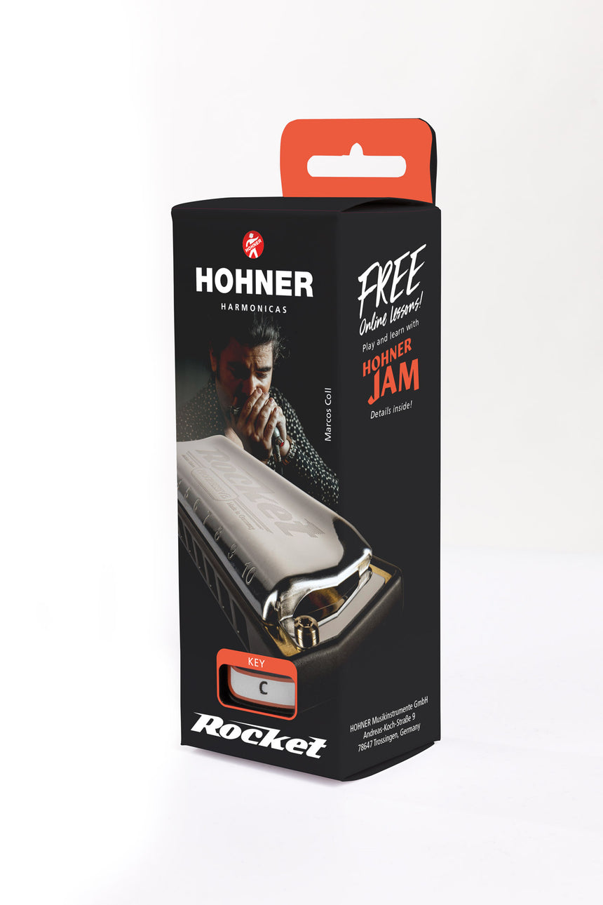 HOHNER Rocket diatonic harmonica, stainless steel covers and grey ABS comb in C major – packaging marked C