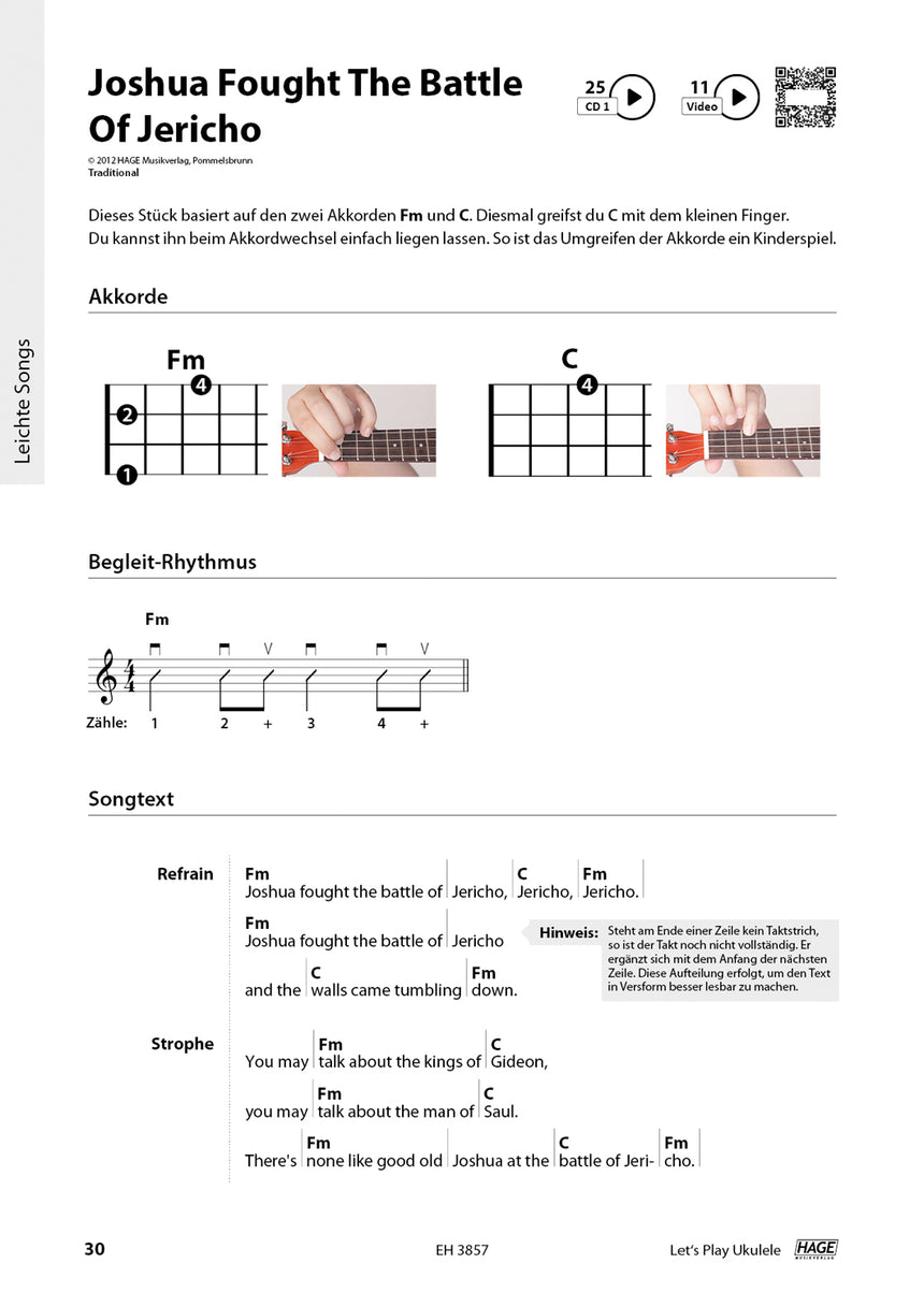 Let's Play Ukulele – Innenseite mit Akkorden und Notenbeispiel