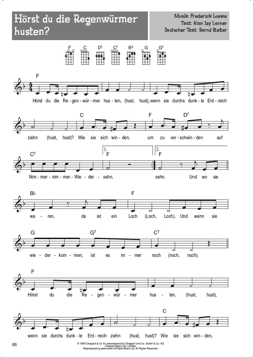 Ukulele sheet-music page with melody, lyrics and chord diagrams; book page 88.