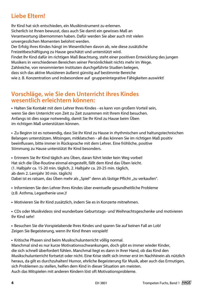Trompeten-Fuchs Band 1 EH3801 with QR codes, preface for parents