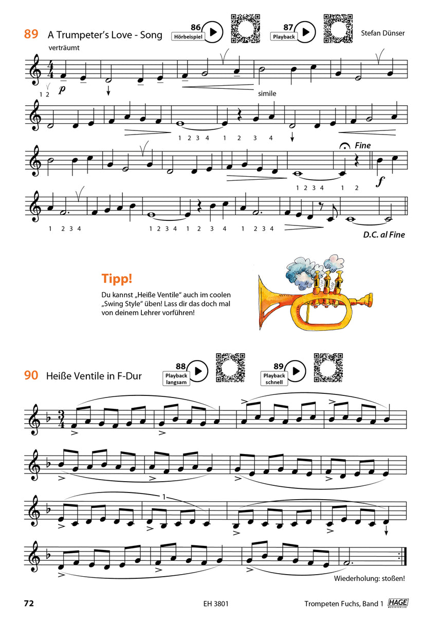 Trompeten-Fuchs Band 1 EH3801 with QR codes, pieces and valve exercises on page 72