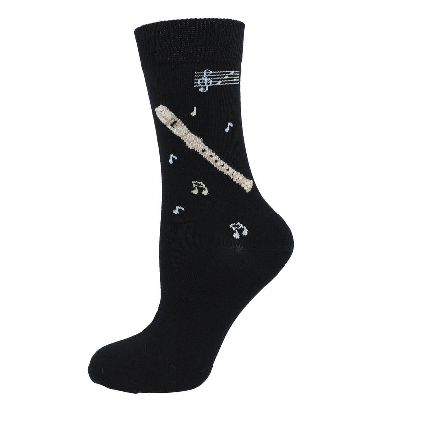 Black Kübler sock stretched to show the recorder pattern, on white