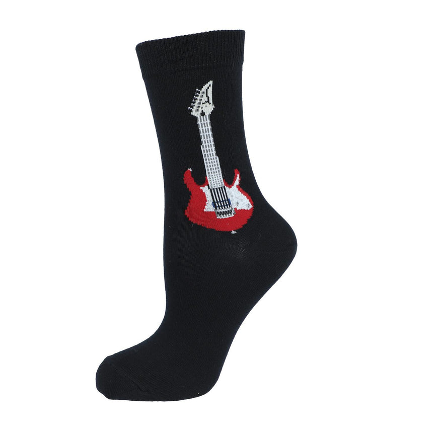 Chaussette Kübler noire tendue, motif guitare électrique rouge et blanche, sur fond blanc