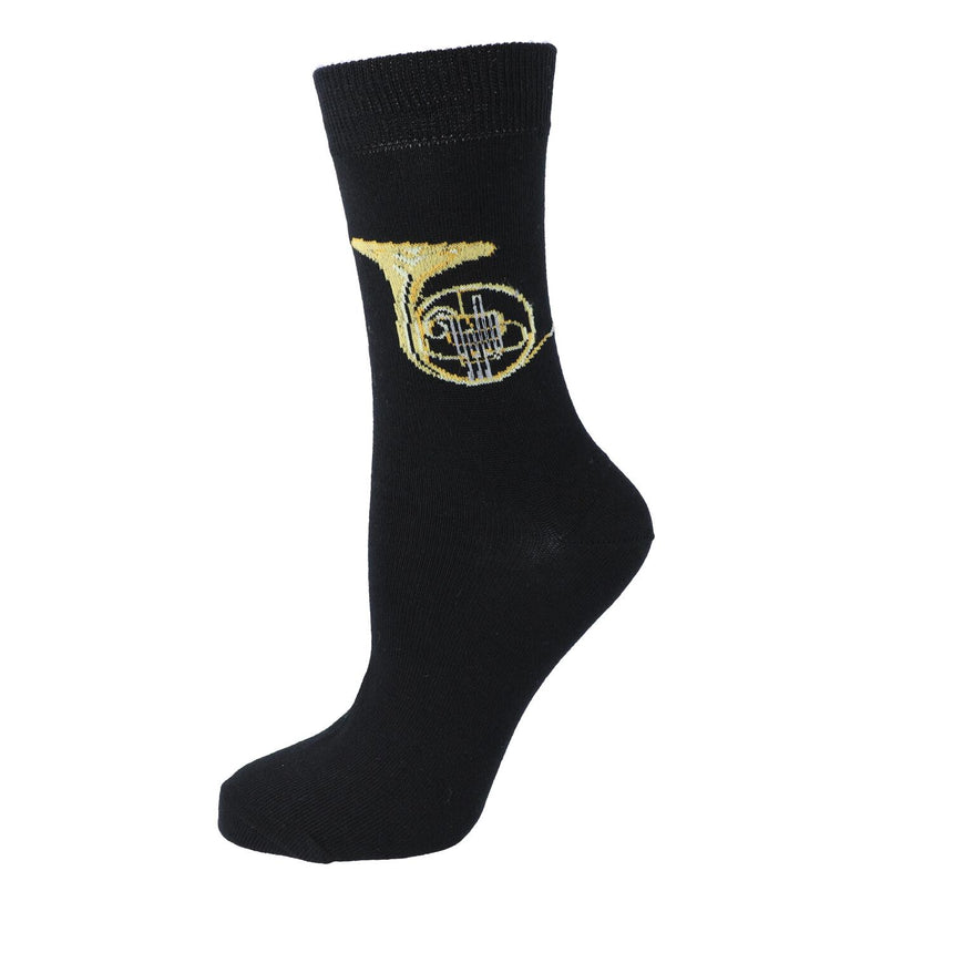 Chaussette Kübler noire tendue, motif cor, sur fond blanc