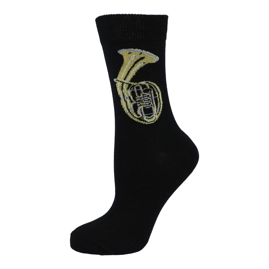 Kübler SOTH Tenorhorn Socken – schwarze Socke gespannt, Motiv Tenorhorn auf weißem Hintergrund