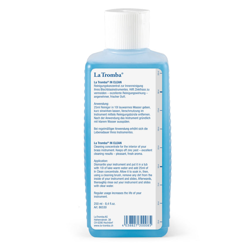 La Tromba IN CLEAN 86530, 250 ml, back of bottle with instructions and barcode