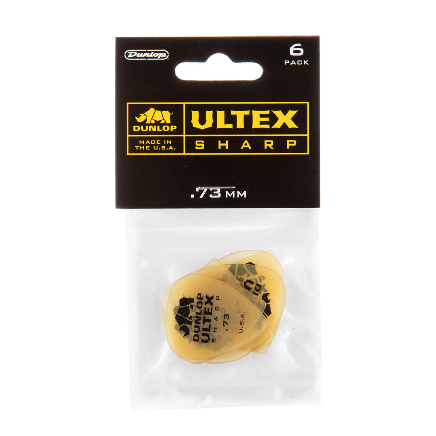Dunlop Ultex Sharp 0,73 mm, face avant du paquet de 6 médiators.