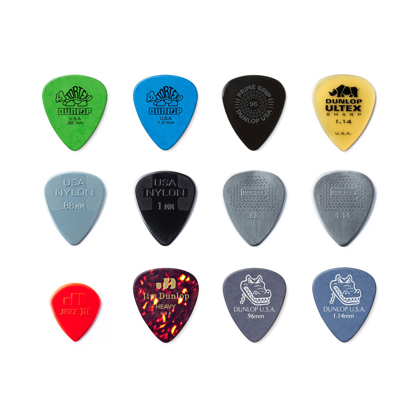 Les douze médiators différents du paquet varié Dunlop PVP102