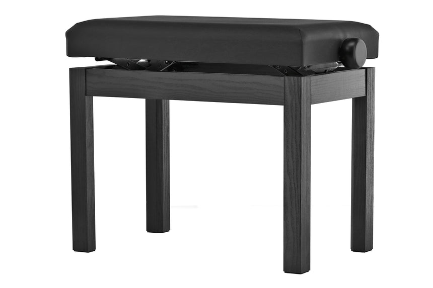 GEWA F900.540 piano bench, matt black frame and black imitation-leather seat – rear three-quarter view