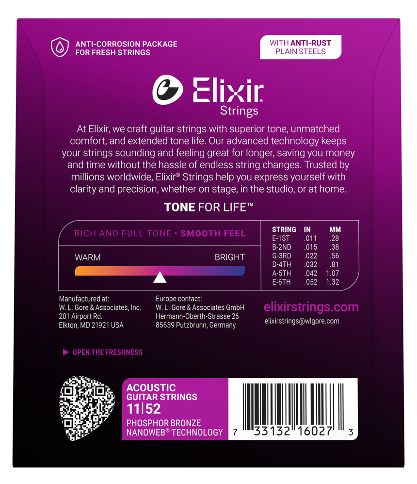 Elixir 16027 NANOWEB Phosphor Bronze 11/52 Custom Light – dos de la boîte avec calibres et référence
