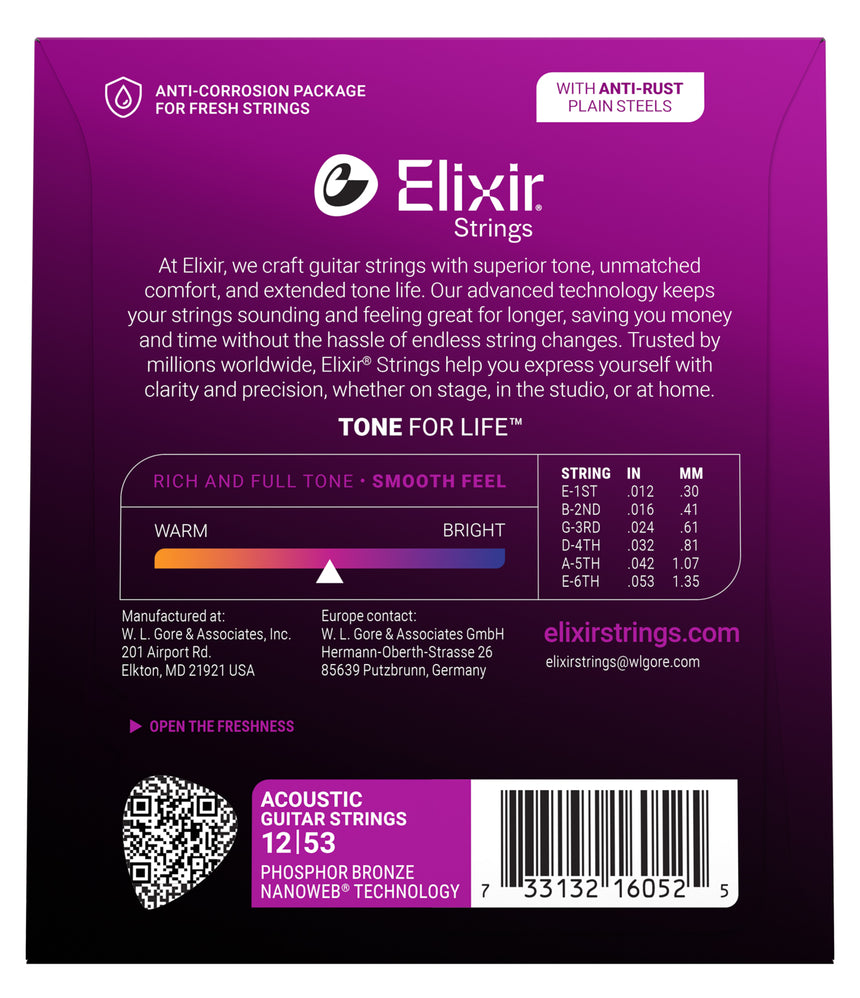 Elixir 16052 NANOWEB Phosphor Bronze 12/53 Light – Rückseite mit Saitenstärken und Artikelnummer