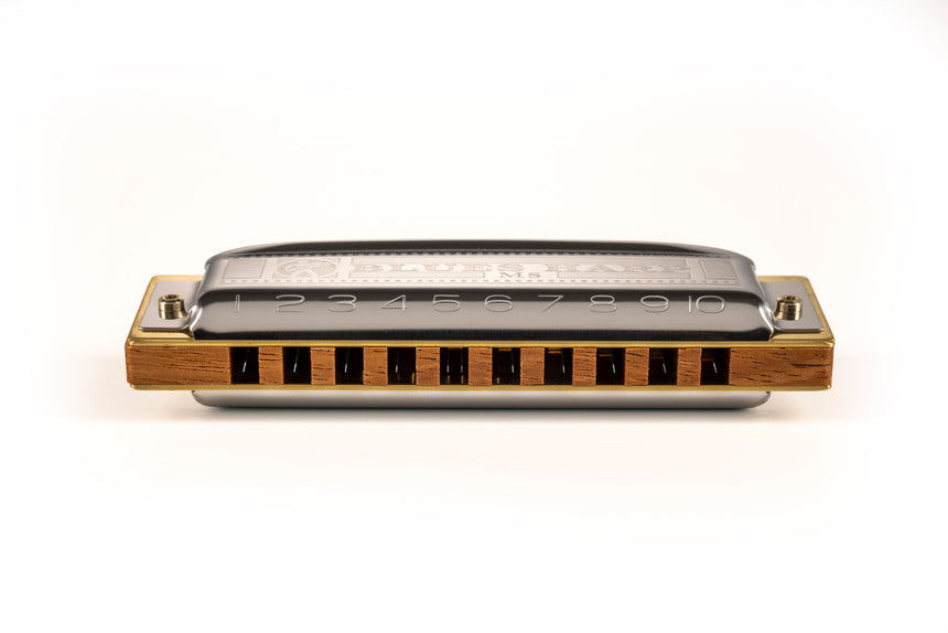 Hohner Blues Harp MS, sommier en bois brun et capots métalliques – vue des canaux
