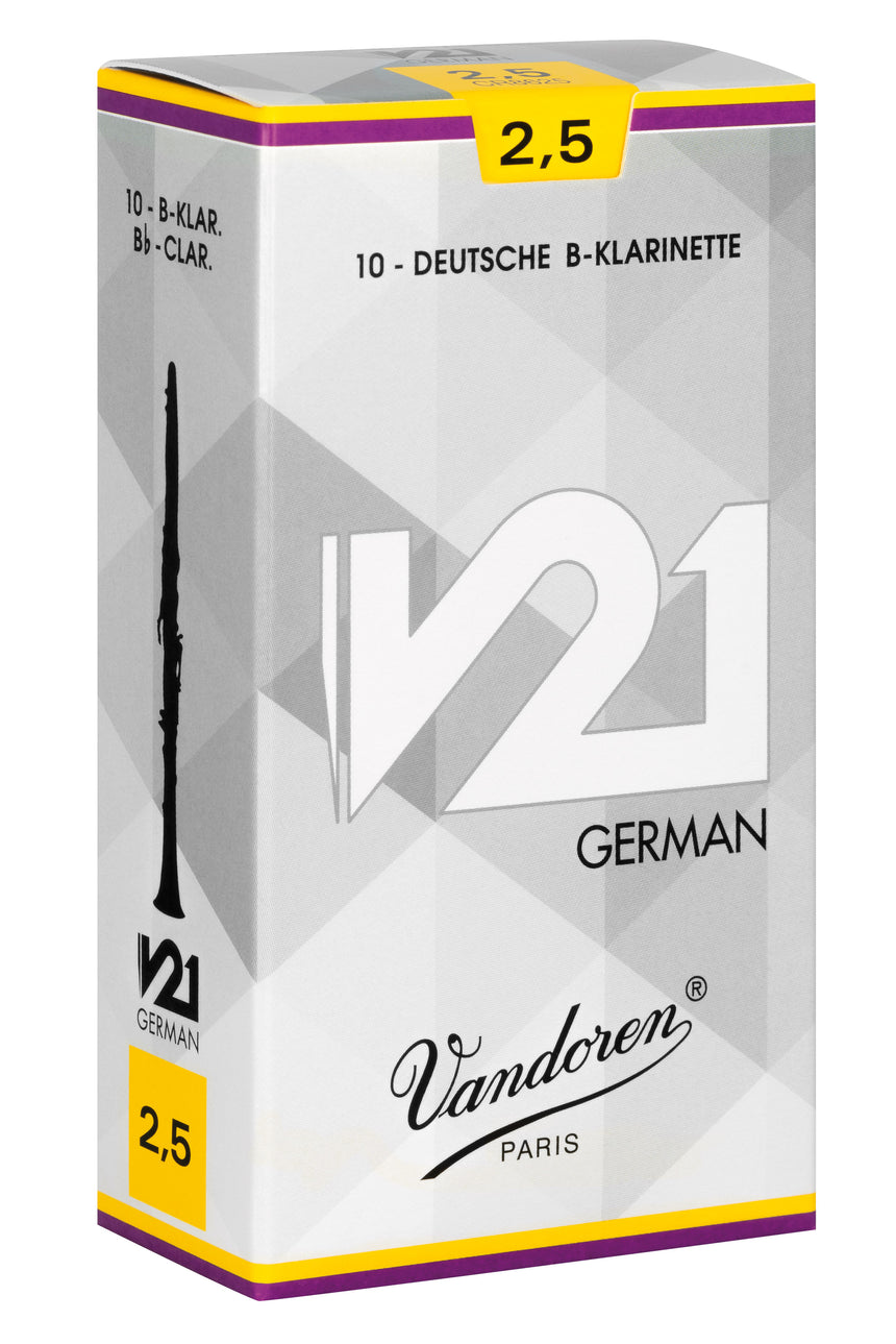 Vandoren V21 German, B-Klarinettenblätter, 10er-Pack, Stärke 2,5 – Packungsansicht