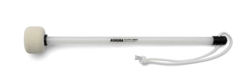 Mailloche Rohema BM850 61850 pour tambour de marche, tête en feutre blanc dur et tige en plastique, vue de côté.