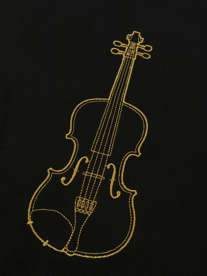 Schwarzer Agifty-Geigen-Shopper mit goldener Stickerei, Modell B3055 – Detail der Stickerei.