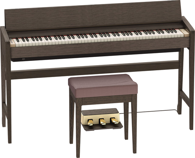 Roland KIYOLA KF-25 Digitalpiano in Smoked Oak mit geöffnetem Tastaturdeckel und Pianobank