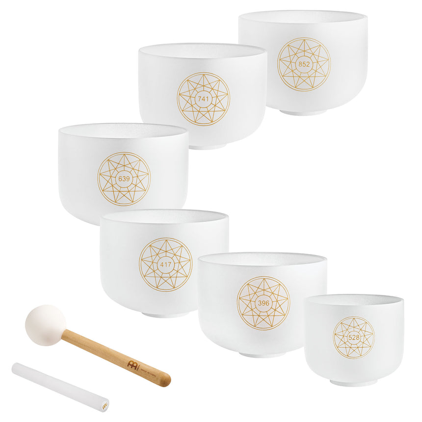 Meinl Sonic Energy 6-piece Solfeggio Crystal Singing Bowl Set, Ut 396 Hz, Re 417 Hz, Mi 528 Hz, Fa 639 Hz, Sol 741 Hz, La 852 Hz (SOLCSBSET)