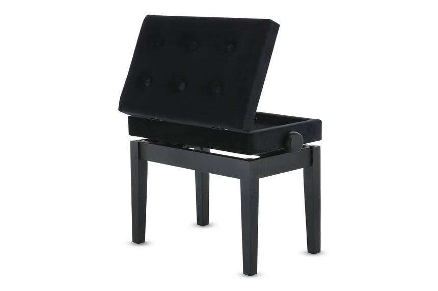 GEWA 130.500 piano bench, matt black – open music compartment, rear view