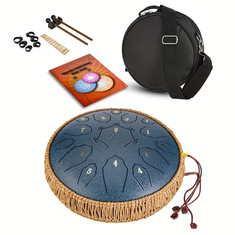 Basic Steel Tongue Drum 12″ – D-Dur, 15 Töne, inkl. Tragetasche & Zubehör