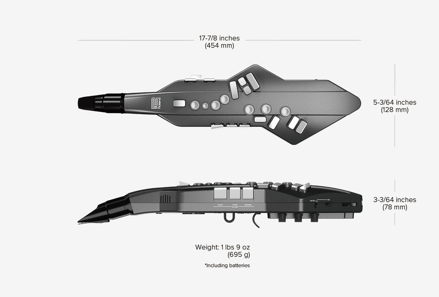 Roland Aerophone GO AE-05 – Maßzeichnung mit Abmessungen 454 x 128 x 78 mm und Gewicht 695 g