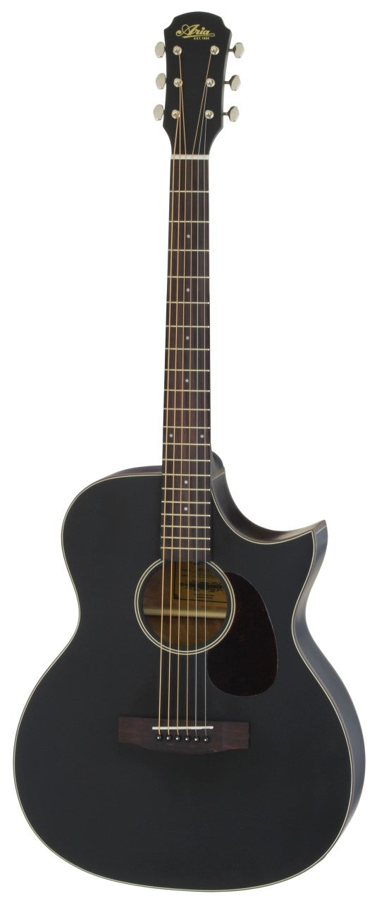 ARIA 101 CE MTBK Akustikgitarre schwarz matt mit Tonabnehmer Set inkl. Tasche, Gurt, Kapodaster und Tuner
