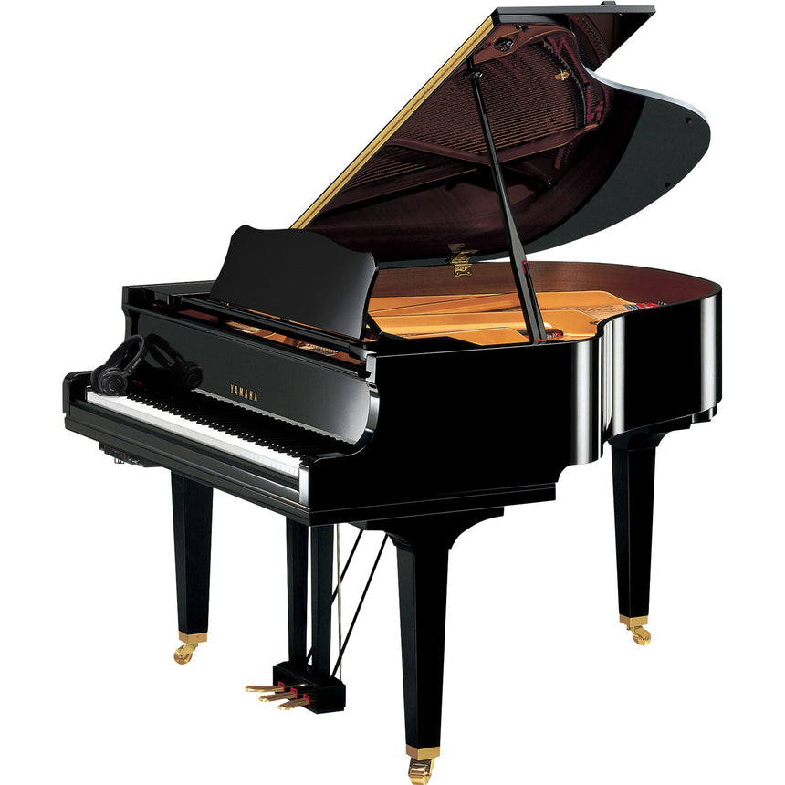 Yamaha GC1 SH3 grand piano in polished ebony with open lid and Silent control unit