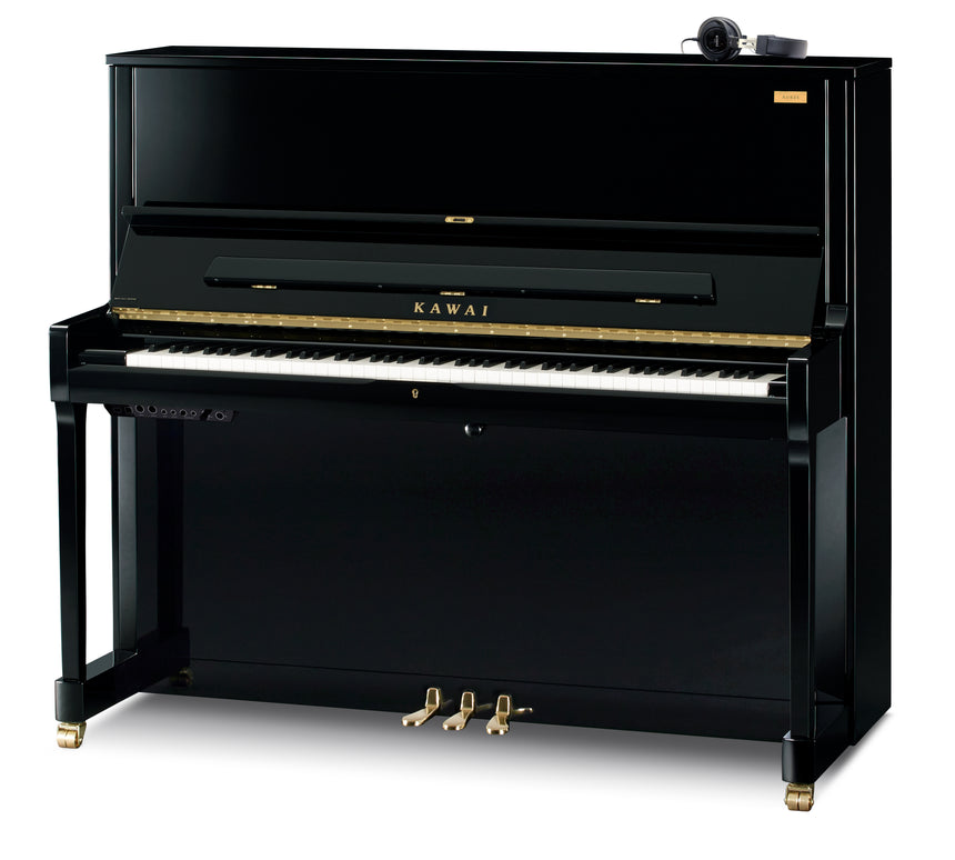 Piano droit Kawai K-500 AURES 2 noir poli, ferrures en laiton, commande et casque