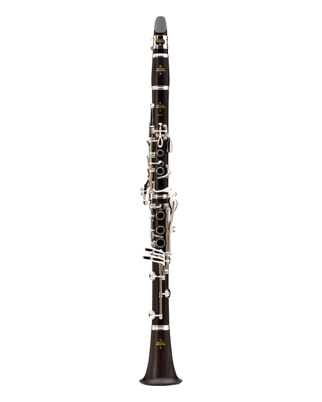 Clarinette en si bémol Buffet Crampon E12F en grenadille, clétage argenté – vue complète de face.