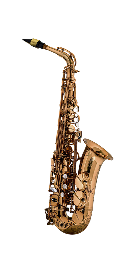 Saxophone alto Forestone GX, finition Cognac – vue d’ensemble de face sur fond blanc.