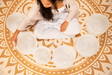 Meinl SOLCSBSET Solfeggio crystal singing bowl set – overhead view while playing