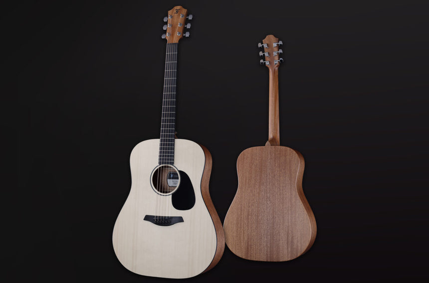 Furch Violet D-EM acoustic guitar in natural finish – front and rear views side by side