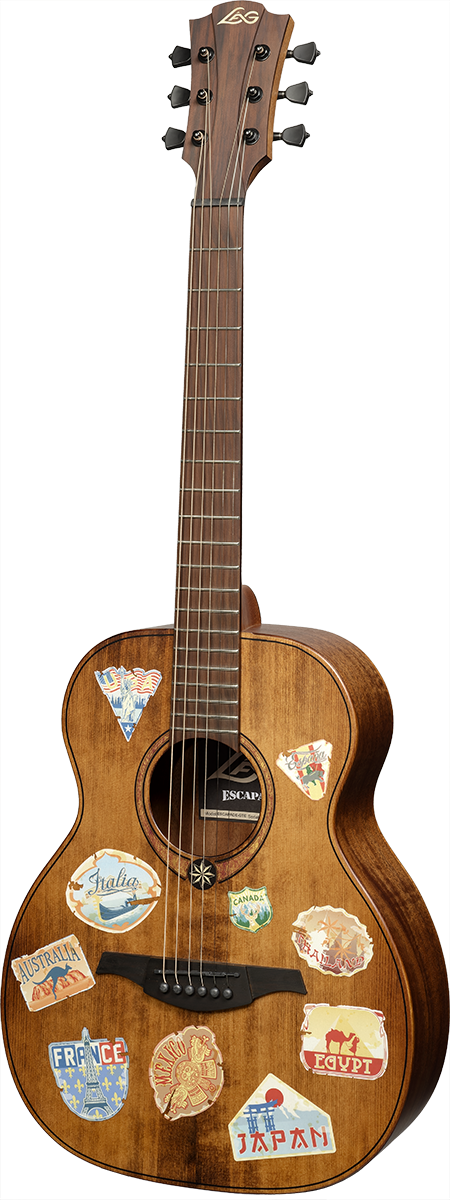 Guitare de voyage Lâg ESCAPADE-GTE au motif Globe Trotter – vue de face