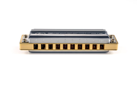 Hohner Marine Band Crossover harmonica, stainless steel and bamboo – front view of reed chamber openings