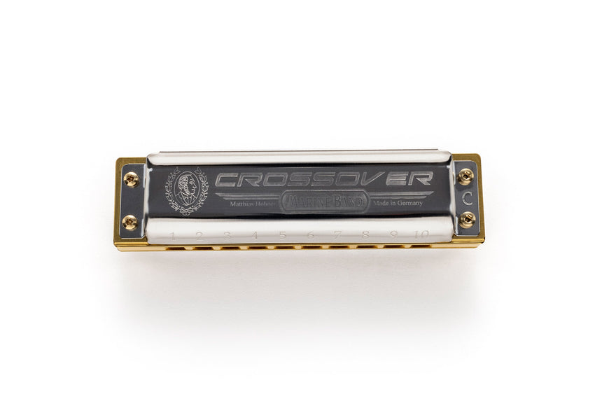 Hohner Marine Band Crossover Mundharmonika, Edelstahl und Bambus – Deckel von oben, C-Ausführung