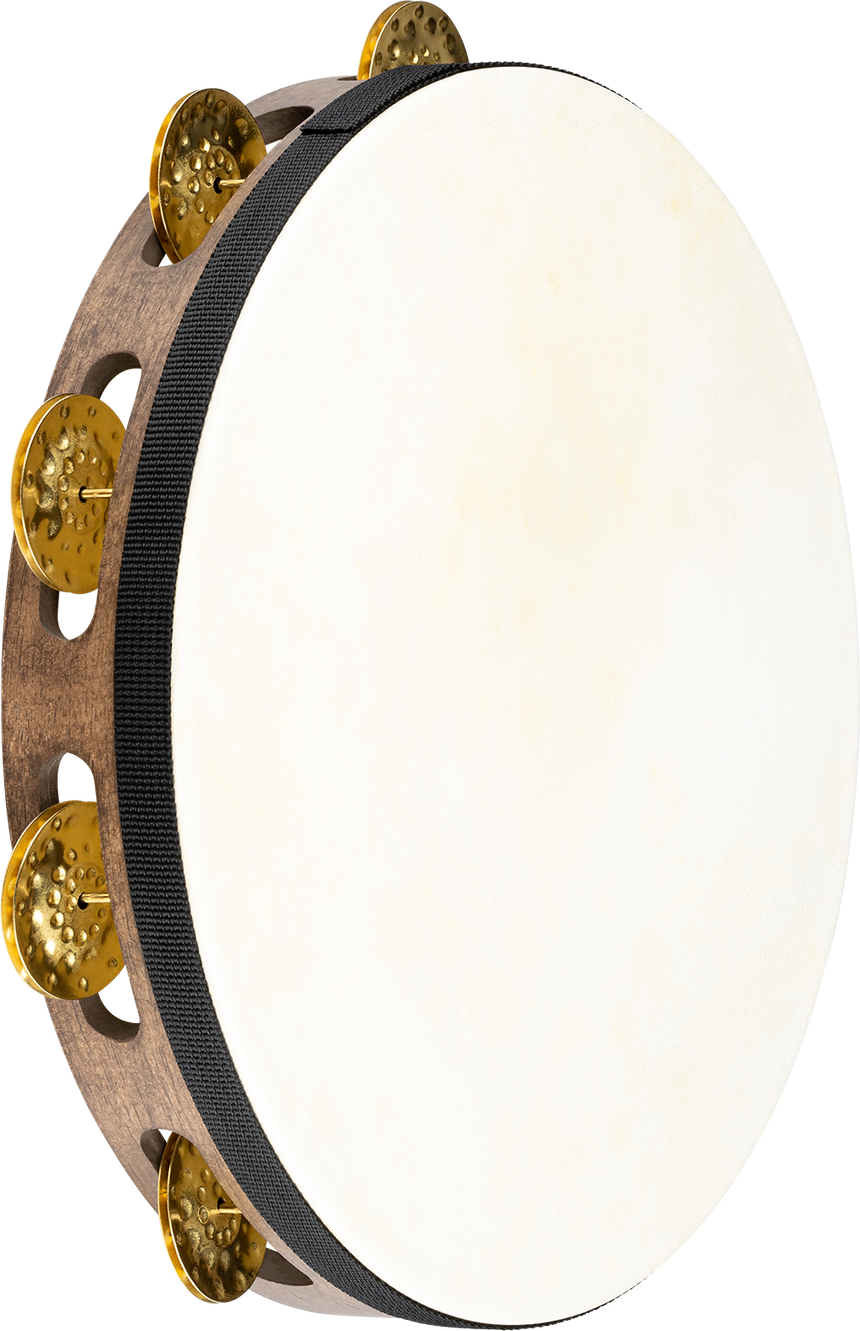 Meinl TAH1V-WB tambourine in Walnut Brown with brass jingles – angled view of natural skin and jingles
