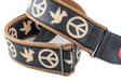 Sangle de guitare RightOn! Legend Peace & Doves, noir et beige – détail du motif, de la boucle et de l’extrémité