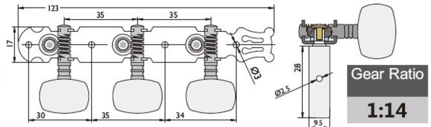 Mécaniques de guitare classique GEWA Fire & Stone 545.345, noir et or – dessin coté du fabricant avec rapport 1:14
