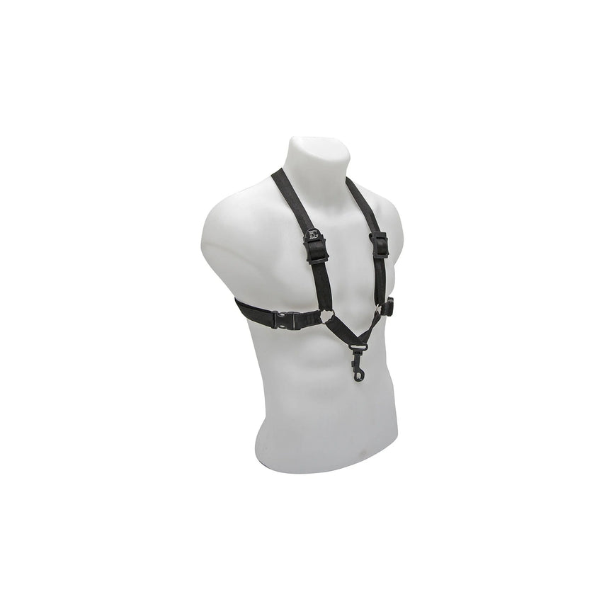 Black BG S43SH men’s XL saxophone harness – angled front view on torso mannequin