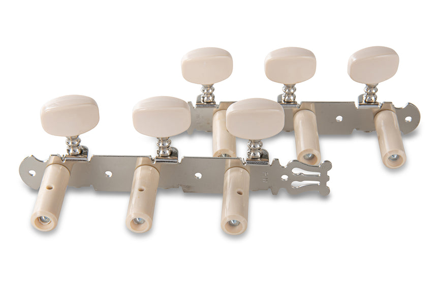 GEWA F&S nickel-plated classical guitar tuning machine set with lyre plates and six white buttons, rear view.