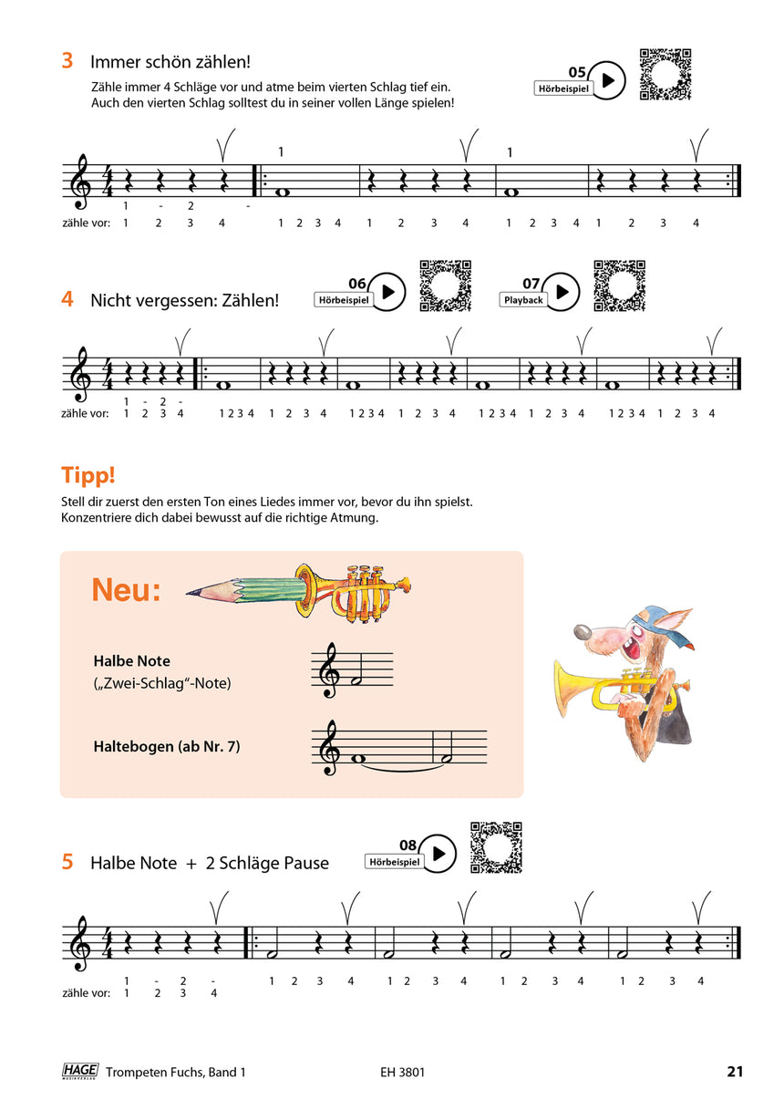 Trompeten-Fuchs Band 1 EH3801 with QR codes, music exercises on page 21