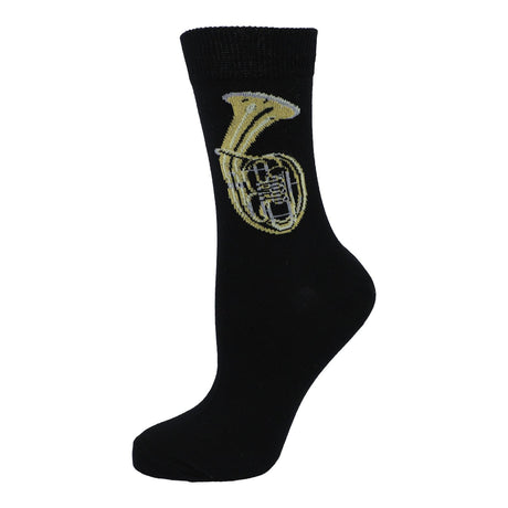 Chaussette Kübler noire tendue, motif saxhorn ténor, sur fond blanc