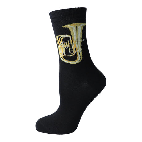 Chaussette Kübler noire tendue, motif tuba, sur fond blanc