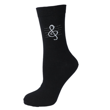 Chaussette Kübler noire tendue, motif clé de sol, sur fond blanc