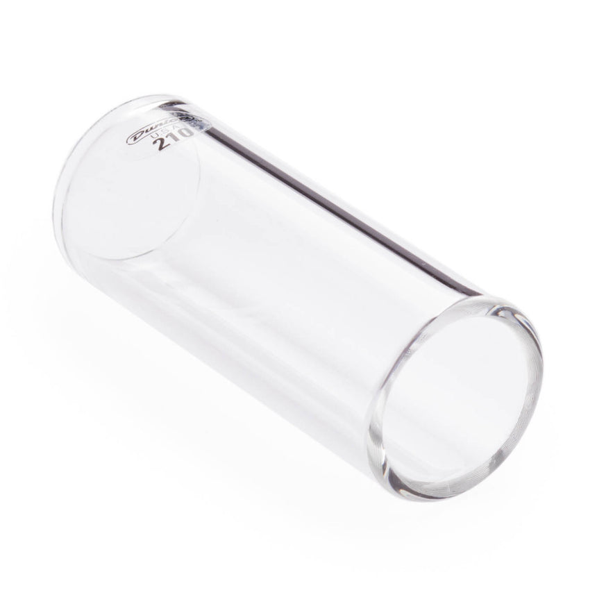 Dunlop 210 Glass Medium Wall Medium Slide, Transparentes Glas, Modell 210 – Schräge Seitenansicht auf Weiß mit offenen Enden